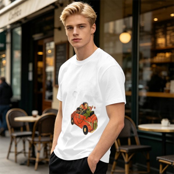 Olive T-Shirt with Skeleton and Friends in Christmas Car Print