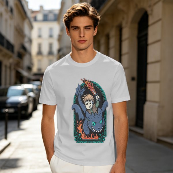 Olive T-shirt with How to Train Your Dragon Toothless and Hiccup Print