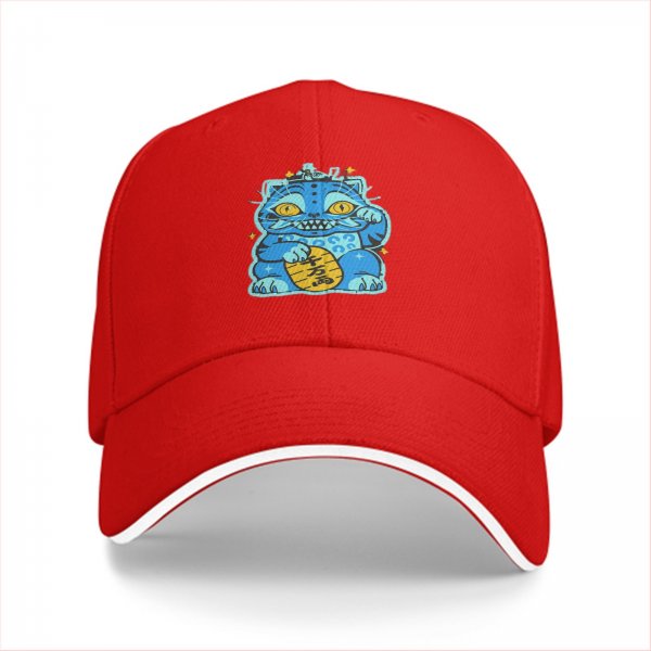 Black Baseball Cap With Blue Maneki-Neko Lucky Cat Graphic
