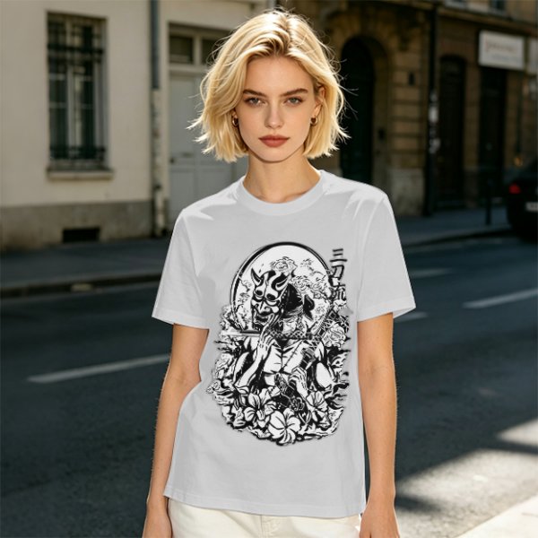 Oni Mask Samurai Floral Graphic Olive T-Shirt