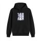 Black hoodie with vintage-style decorative text and graphic print