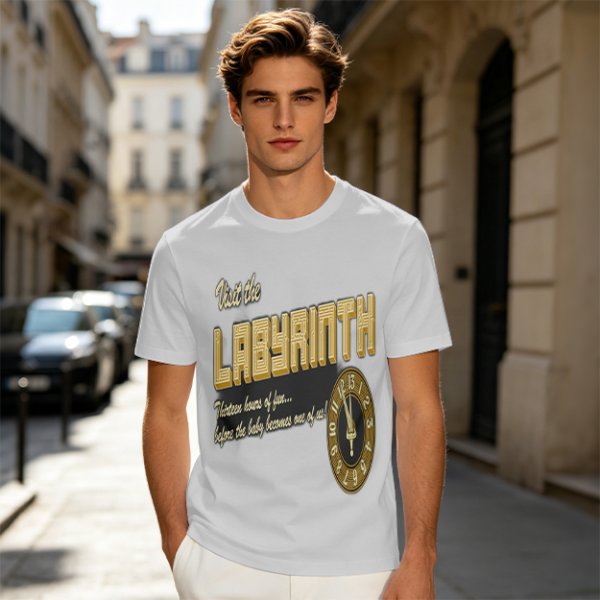 Visit the Labyrinth Themed Graphic Tee with Clock Design