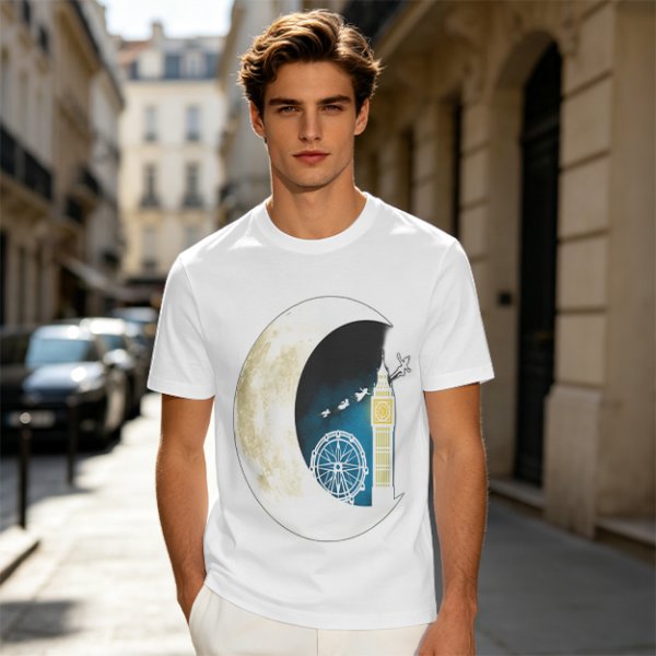 Olive T-Shirt with Crescent Moon London Skyline Flying Figures Print