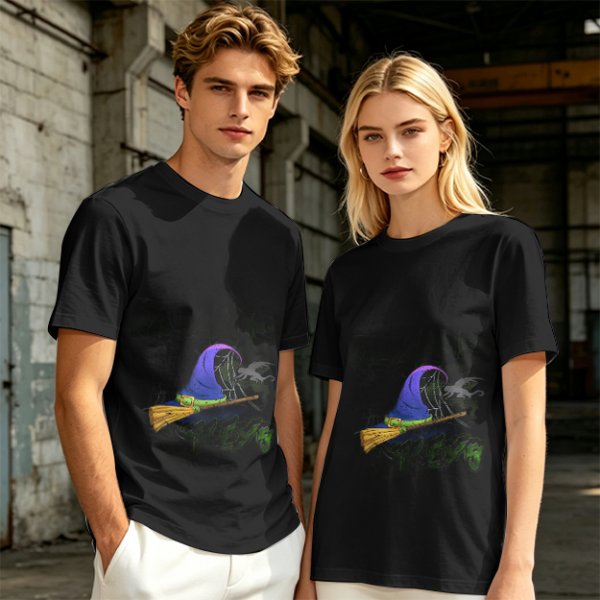 Olive T-Shirt with Witch Hat and Broom Halloween Graphic