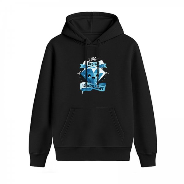 Black hoodie with cute blue diamond graphic that says this design is brilliant