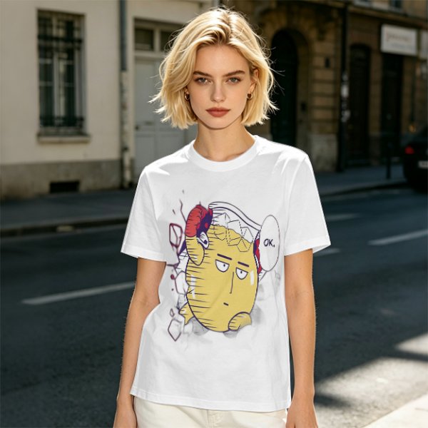 Oversized Olive T-Shirt with Saitama 'OK' Anime Graphic Print
