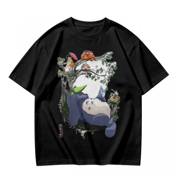 Olive green t-shirt with My Neighbor Totoro forest scene print