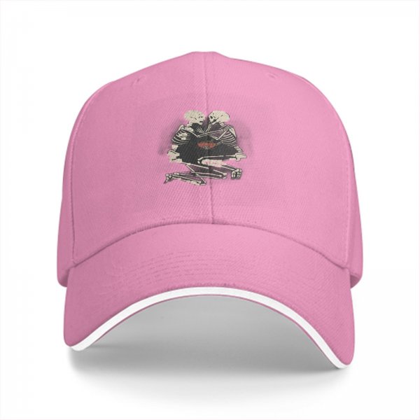 Black baseball cap with embracing skeletons and red heart print