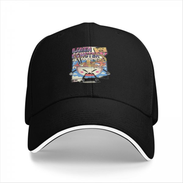 Black Baseball Cap With Ramen Monster Anime Graphic Print