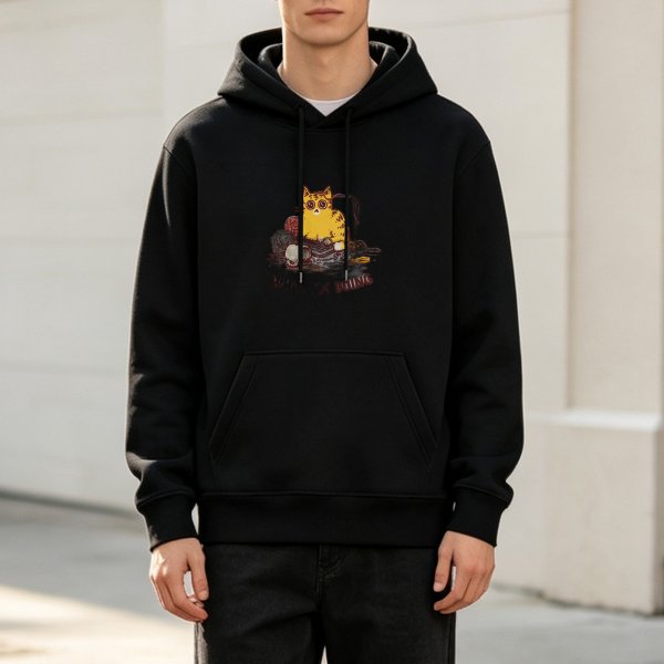 Black Hoodie With Chubby Yellow Cat And Dark Themed Graphic Print
