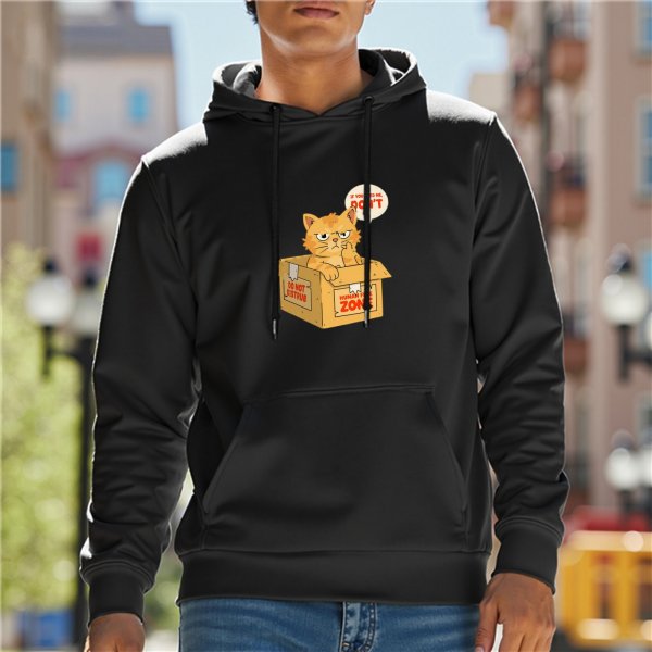 Black hoodie with grumpy orange cat in cardboard box funny print