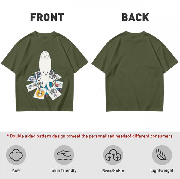 Olive T-Shirt With Cute Octopus Drawing Artwork Print