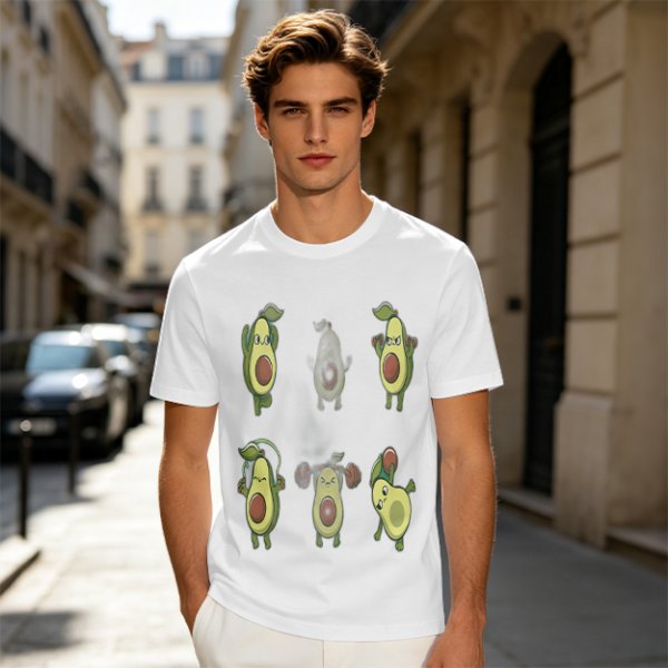Olive Green T-Shirt with Cartoon Avocado Fitness Characters Print
