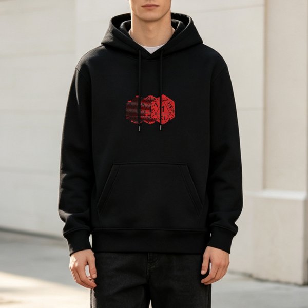 Black Hoodie With Glitch D20 Critical Fail Print For Tabletop RPG Fans