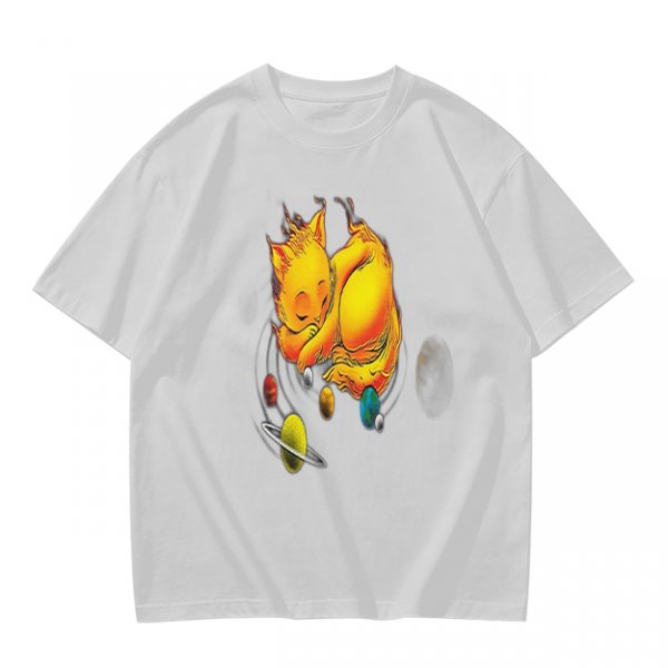 Olive T-Shirt With Sleeping Cosmic Cat And Planets Graphic