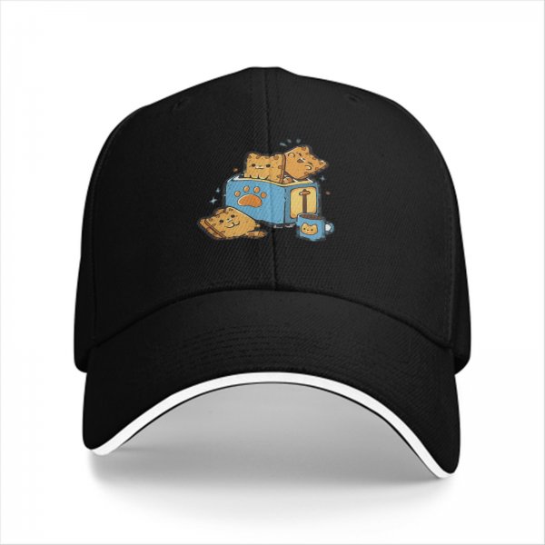 Black Baseball Cap With Cute Cat Book Coffee Graphic