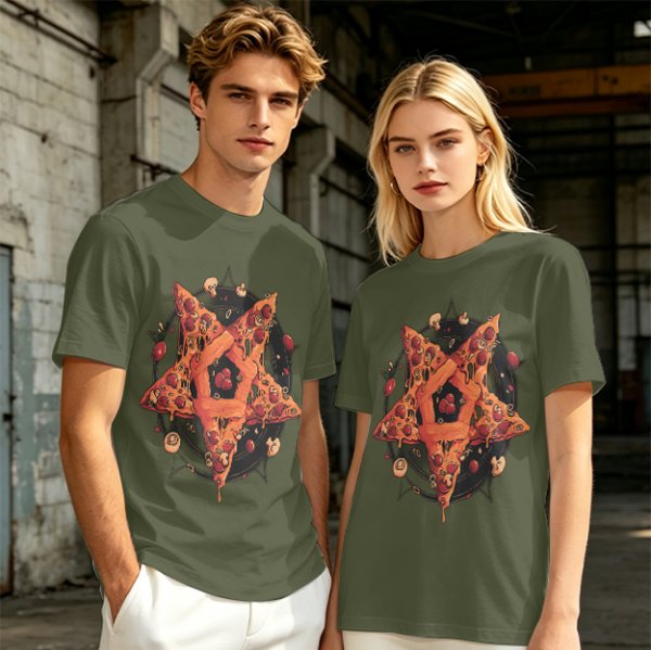 Olive T-Shirt With Pizza Pentagram Graphic Design
