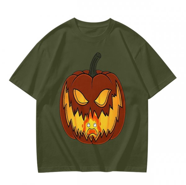 Olive Green T-Shirt With Scary Jack O' Lantern Pumpkin Print