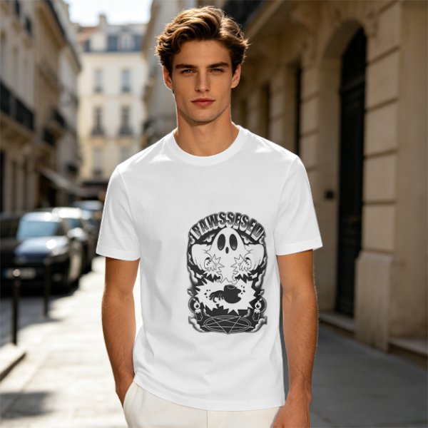 Olive T-shirt with Ghost and Occult Graphic Print