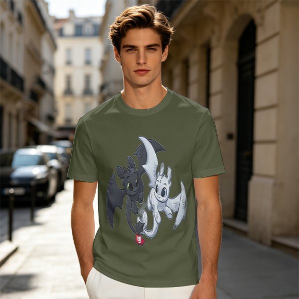 Olive T-Shirt Featuring Toothless and Light Fury Dragons