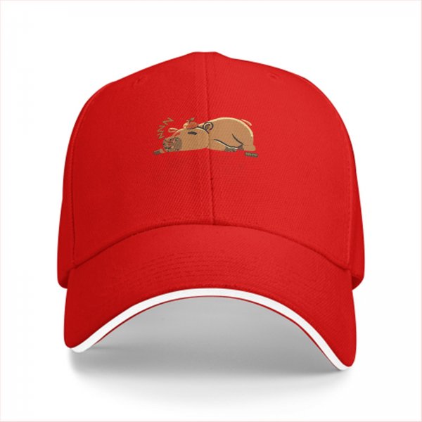 Black baseball cap with a sleeping capybara graphic