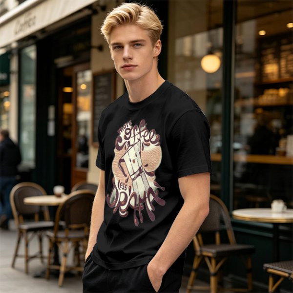 Olive t-shirt with 'More Coffee Less Drama' and moka pot graphic