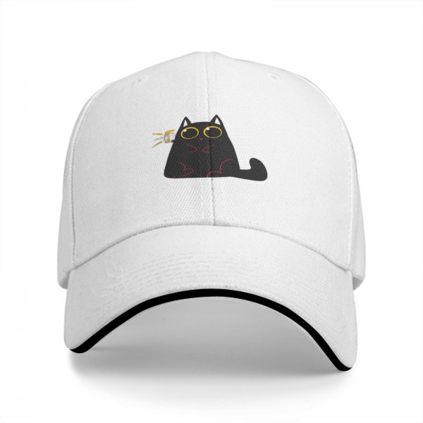 Black baseball cap with surprised cartoon black cat graphic