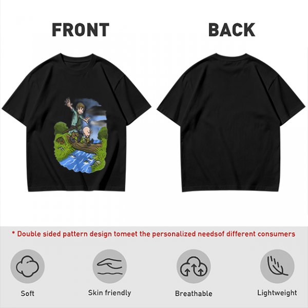 Olive T-shirt with Cartoon Boys Balancing on Log Over Stream