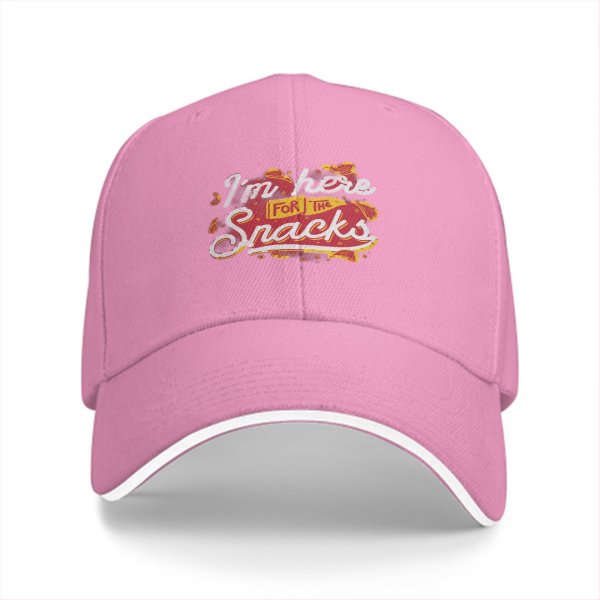 Black baseball cap with I'm here for the snacks graphic print