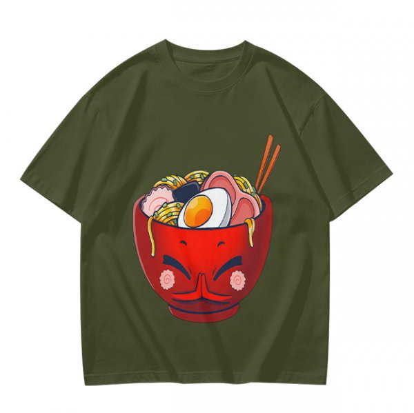 Olive T-Shirt With Cute Cartoon Ramen Bowl Graphic