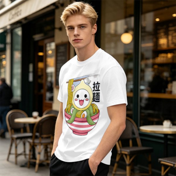 Owl-like character in ramen bowl graphic olive green t-shirt