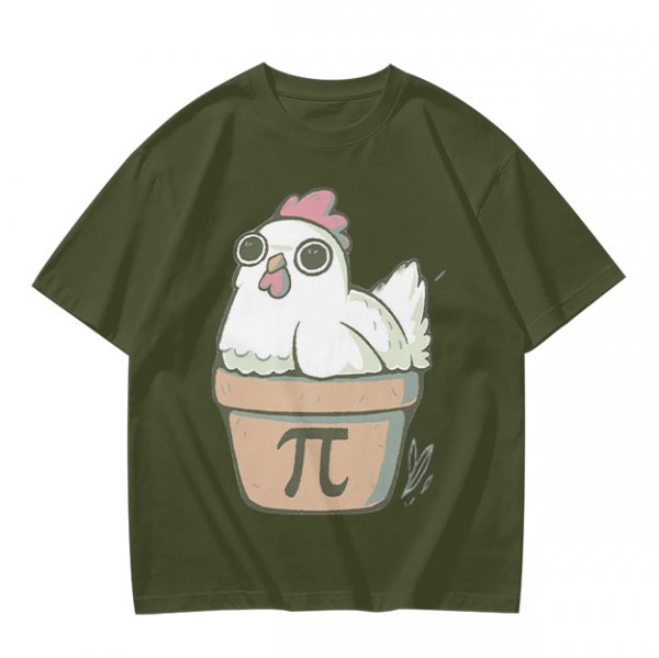Olive T-Shirt With Cute Chicken In Pi Pot Graphic