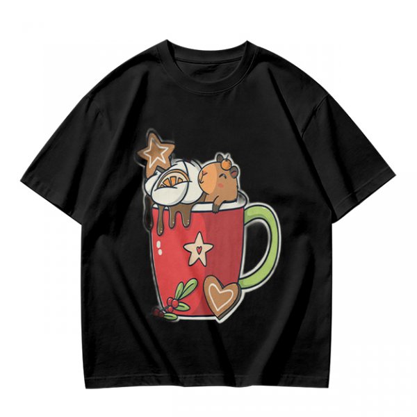Olive T-Shirt With Cute Capybara In Christmas Hot Cocoa Mug Print