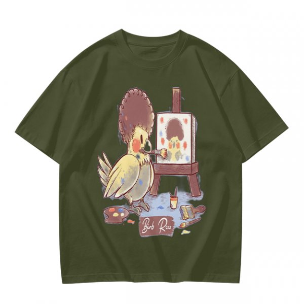 Olive T-Shirt Featuring a Bird Painting a Self-Portrait with an Afro