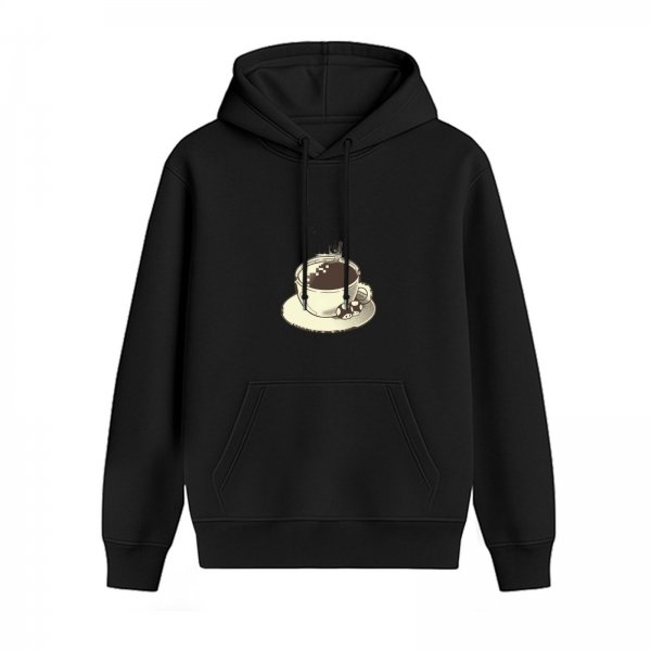 Black Hoodie With Steaming Coffee Cup And Mushroom Print