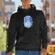 Black hoodie with Questers Monsters themed blue graphic print