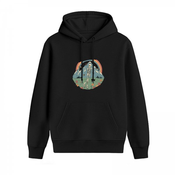 Black Hoodie With Skeleton Mountain Rainbow Nature Graphic