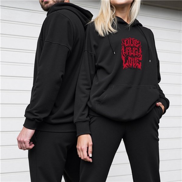 Black hoodie with red metal font live laugh love graphic