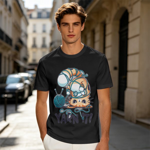Olive T-shirt with Tangled Orange Cat Yarn It Print