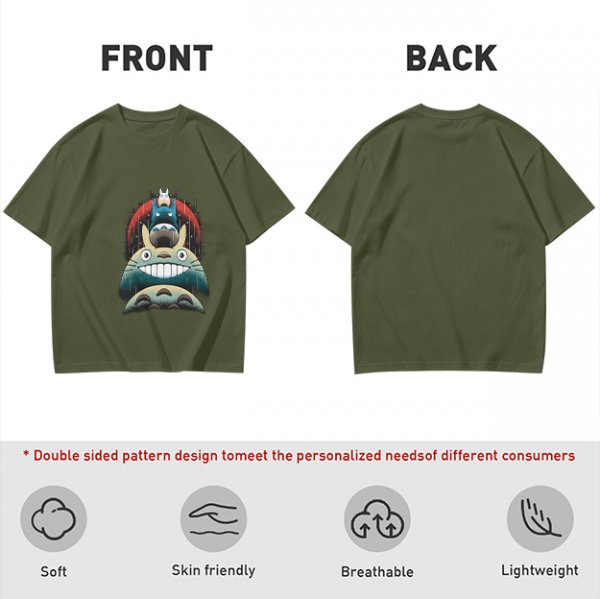 Olive green t-shirt with stacked Totoro characters graphic
