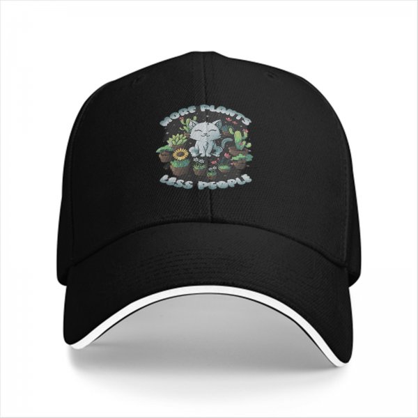 Black baseball cap with more plants less people cat and plant graphic