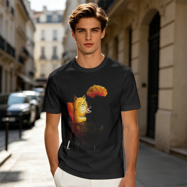 Olive T-Shirt Featuring a Relaxed Cat on a Chair with Fried Chicken Print
