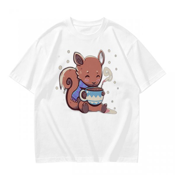 Olive T-Shirt With Cute Squirrel Holding Hot Drink Winter Art