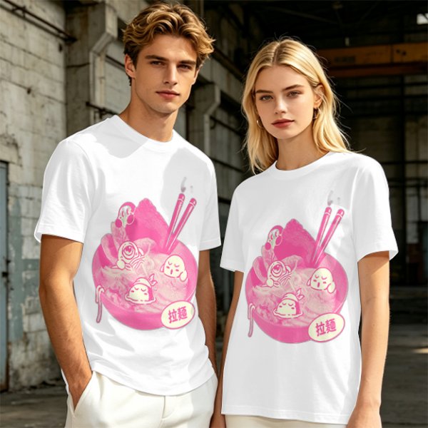 Oversized dark green t-shirt with cute pink ramen bowl graphic