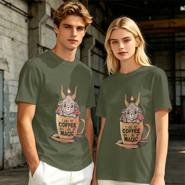 Olive t-shirt with cute Baphomet coffee magic print