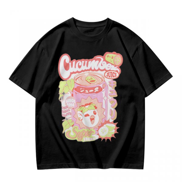 Olive green graphic t-shirt with cucumber juice themed print