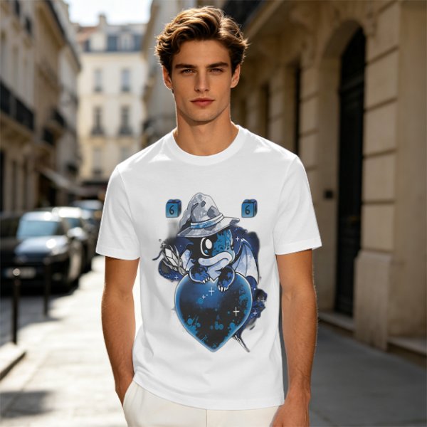 Olive T-Shirt With Cute Wizard Dragon On Starry Heart Print
