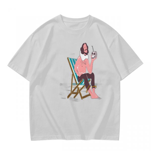 Olive T-Shirt With Relaxed Bearded Man Holding Skull Cup Print