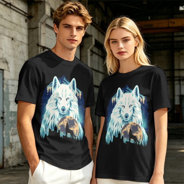 Olive T-Shirt With White Wolf And Howling Wolf Moon Graphic