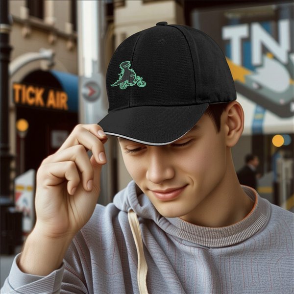 Black Baseball Cap with T-Rex Dinosaur Riding a Bike Graphic